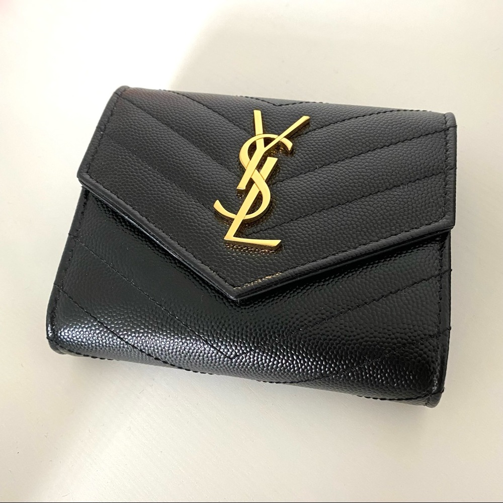 Saint Laurent Black Compact Matelassé Tri-Fold Wallet with Gold YSL Logo